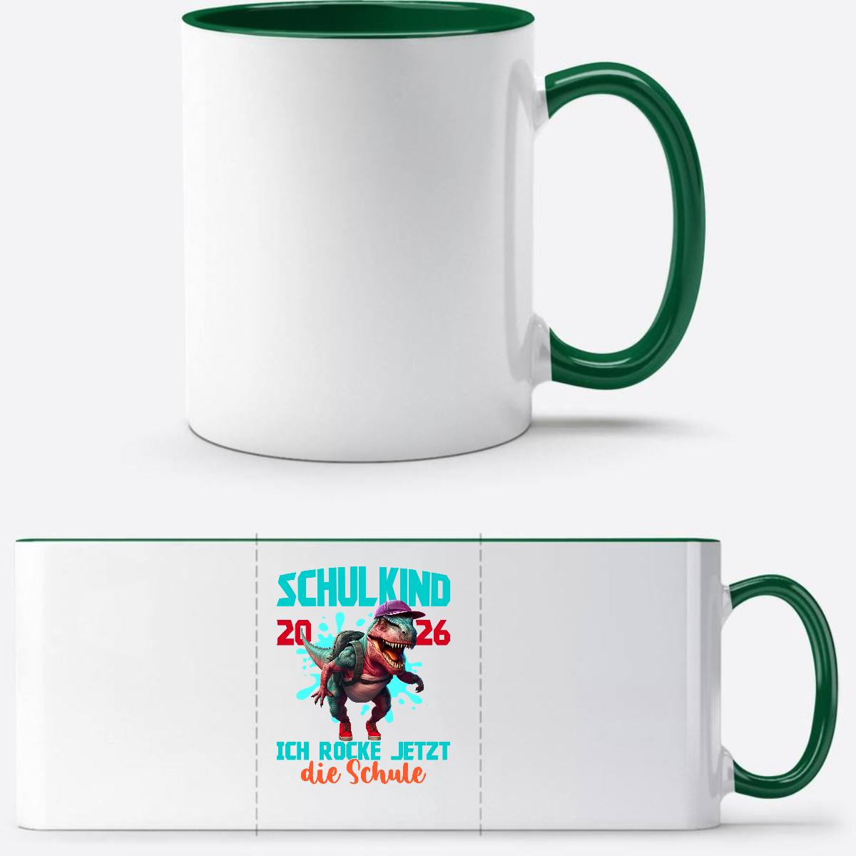 Tasse Schulkind 2026 Dinosaurier T-Rex – Ich rocke die Schule - Weiß/Dunkelgrün