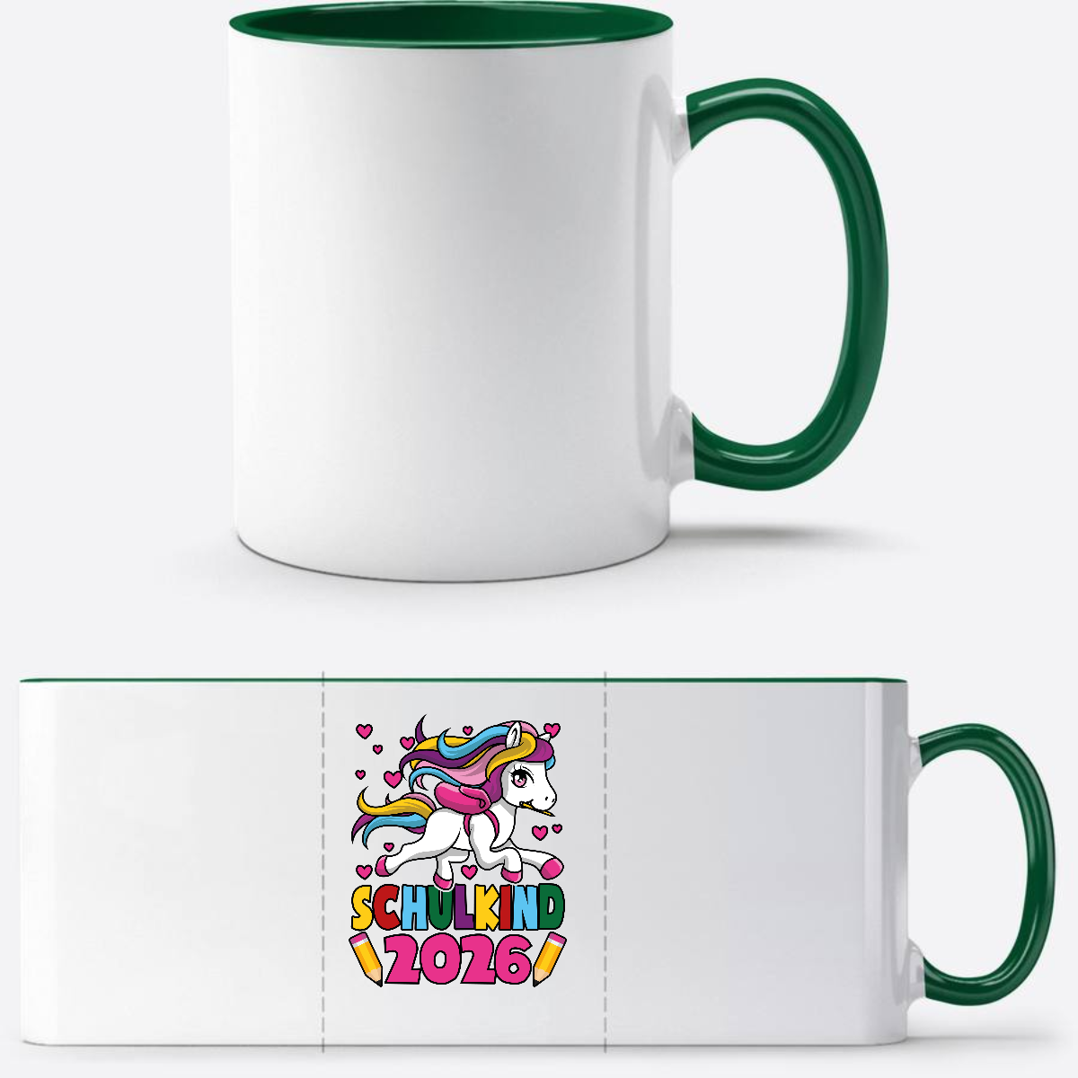 Tasse Schulkind 2026 Einhorn mit Namen | Geschenk Einschulung - Weiß/Dunkelgrün