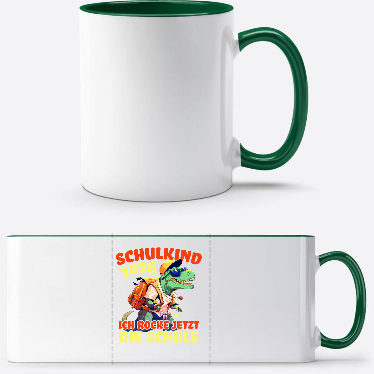 Tasse Schulkind 2026 – Ich rocke die Schule T-Rex Dinosaurier - Weiß/Dunkelgrün