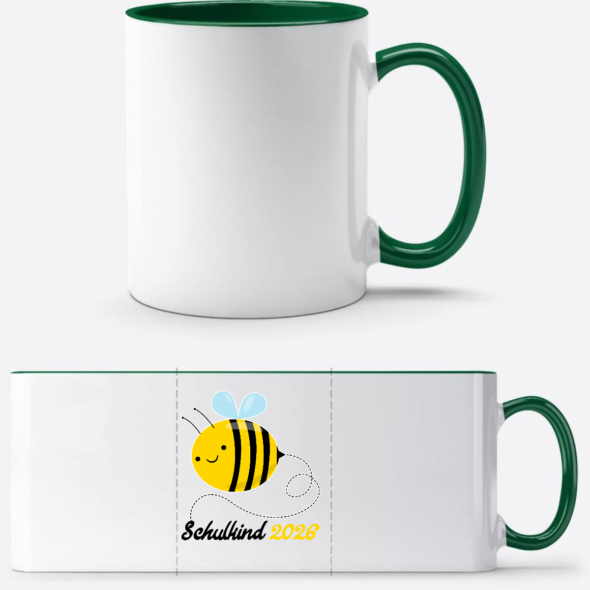 Tasse Schulkind 2026 mit Biene – Geschenk zur Einschulung - Weiß/Dunkelgrün