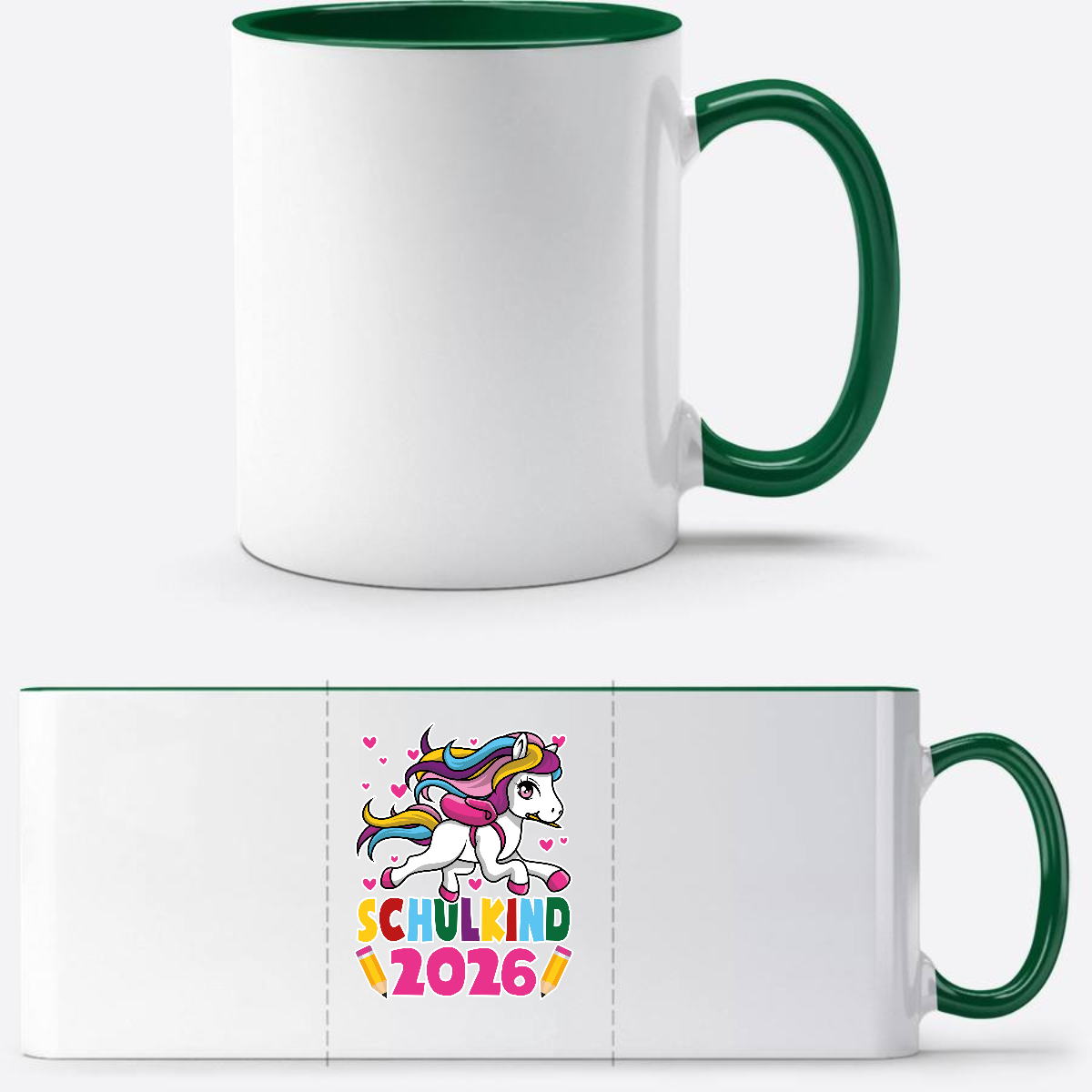 Tasse Schulkind 2026 mit Einhorn – Personalisiert mit Name - Weiß/Dunkelgrün
