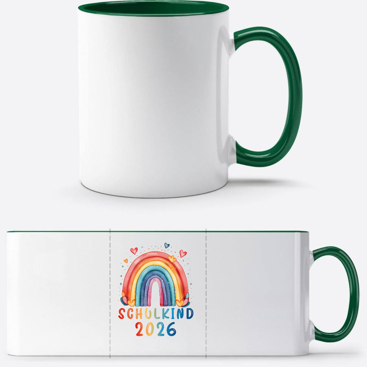 Tasse Schulkind 2026 Regenbogen – Einschulung mit Name - Weiß/Dunkelgrün
