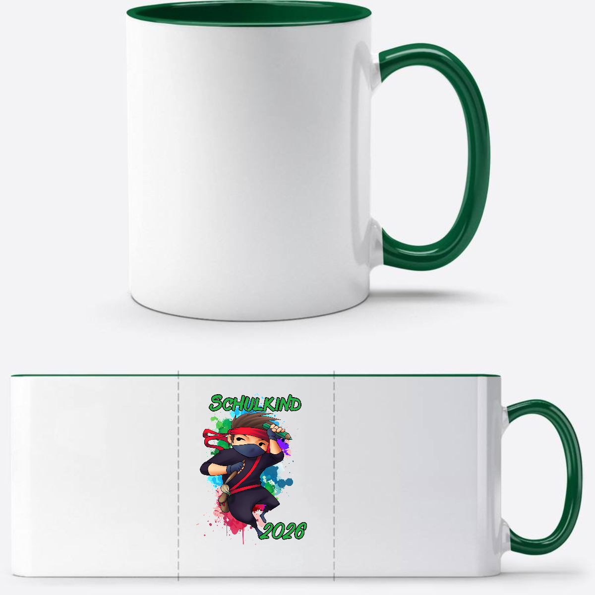 Tasse zur Einschulung 2026 – Cooler Ninja Junge mit Name - Weiß/Dunkelgrün