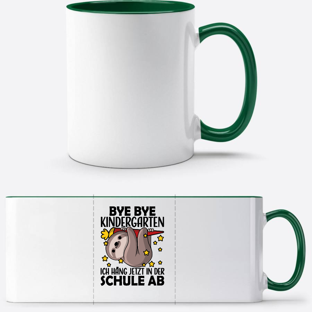 Tasse zur Einschulung: Bye Bye Kindergarten Faultier - Weiß/Dunkelgrün