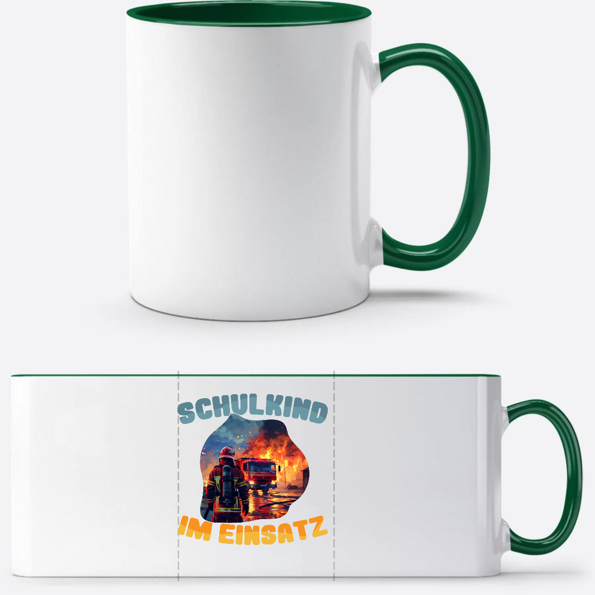 Tasse zur Einschulung: Feuerwehr Schulkind im Einsatz mit Name - Weiß/Dunkelgrün