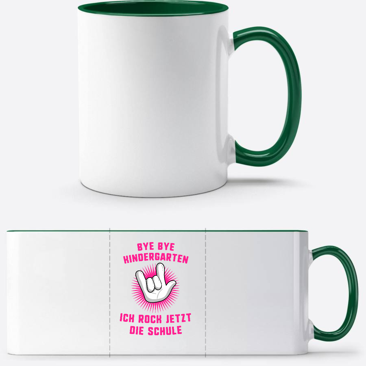 Tasse zur Einschulung: Ich rock jetzt die Schule – Fuchsia - Weiß/Dunkelgrün