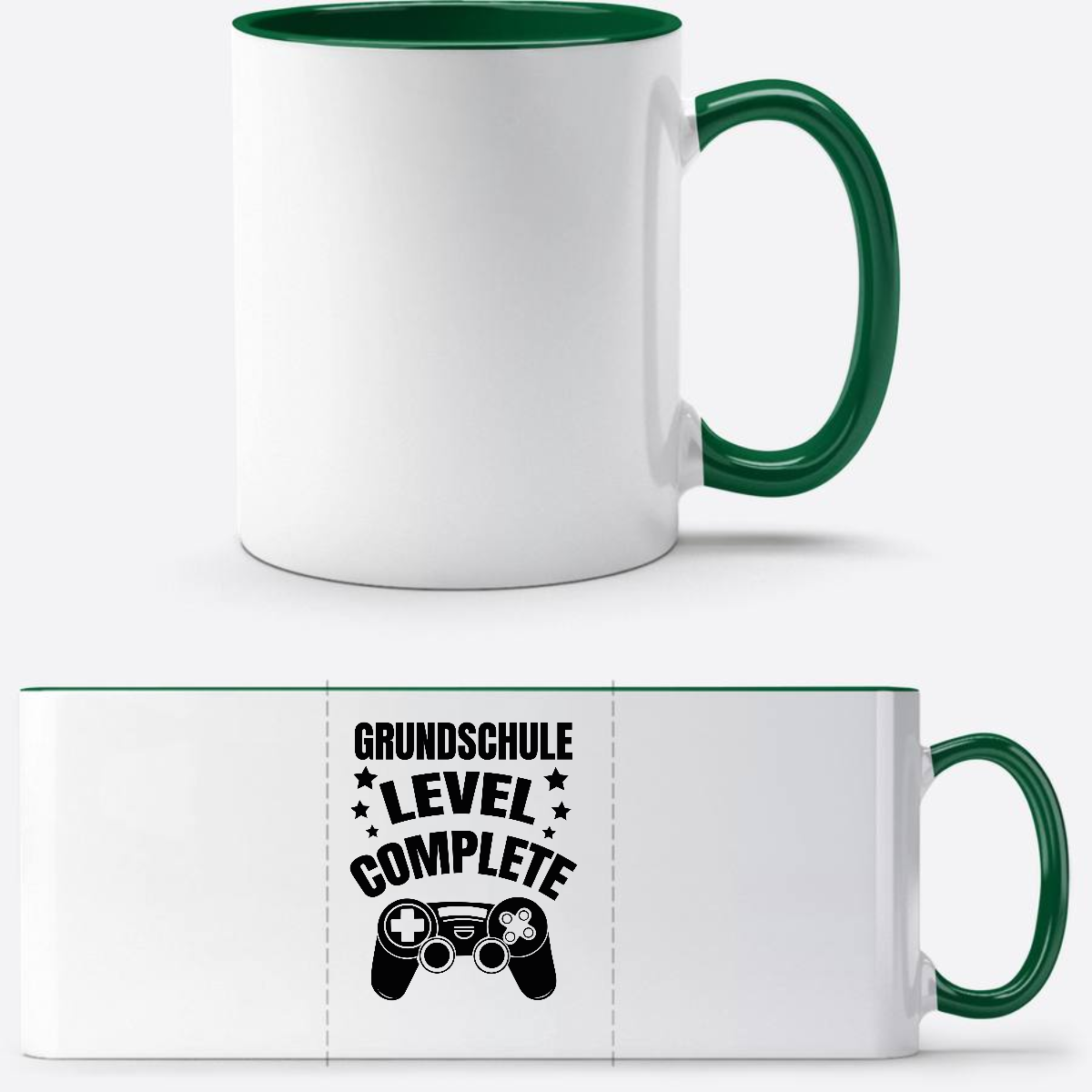 Tasse zur Einschulung: Level Complete schwarz mit Name - Weiß/Dunkelgrün