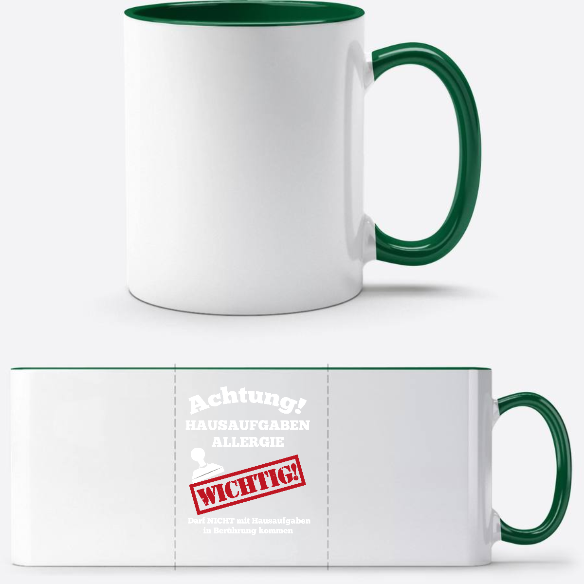 Tasse zur Einschulung mit Name: Hausaufgaben Allergie - Weiß/Dunkelgrün