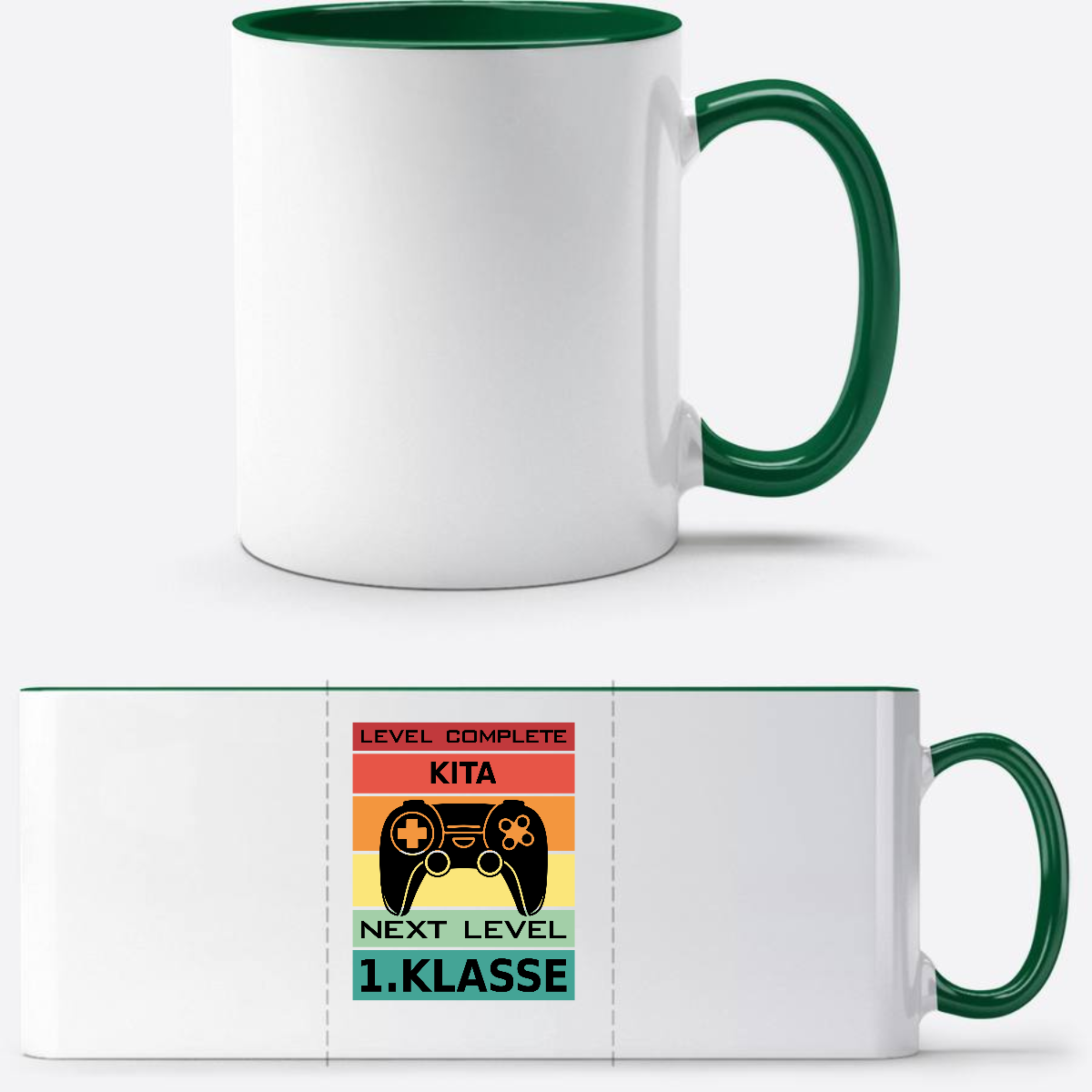 Tasse zur Einschulung: Next Level 1. Klasse mit Wunschnamen - Weiß/Dunkelgrün