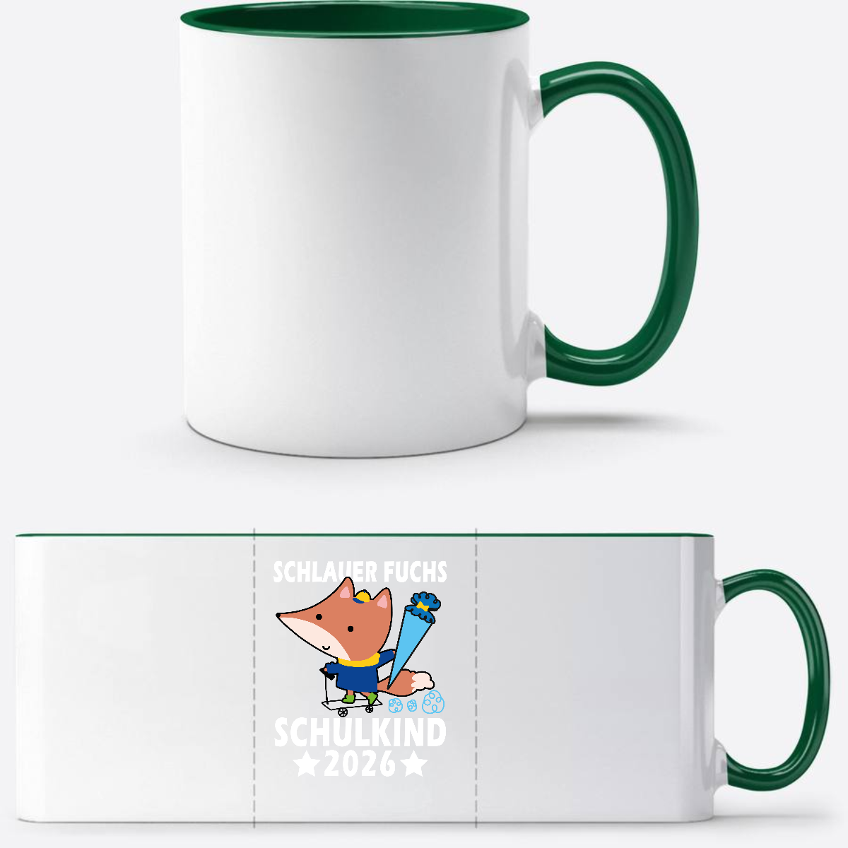 Tasse zur Einschulung – Schlauer Fuchs Schulkind 2026 mit Name - Weiß/Dunkelgrün