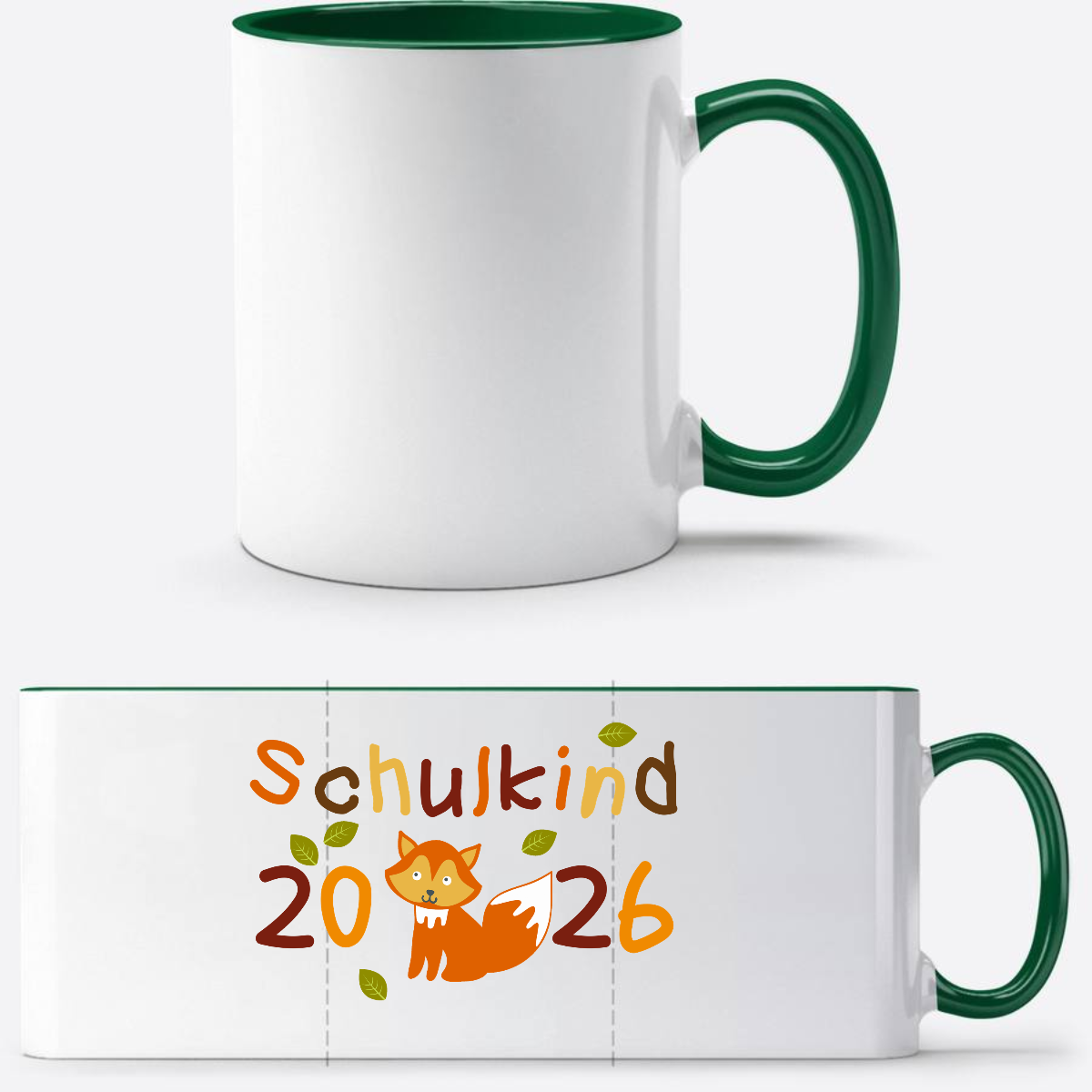 Tasse zur Einschulung – Schulkind 2026 Fuchs mit Name - Weiß/Dunkelgrün
