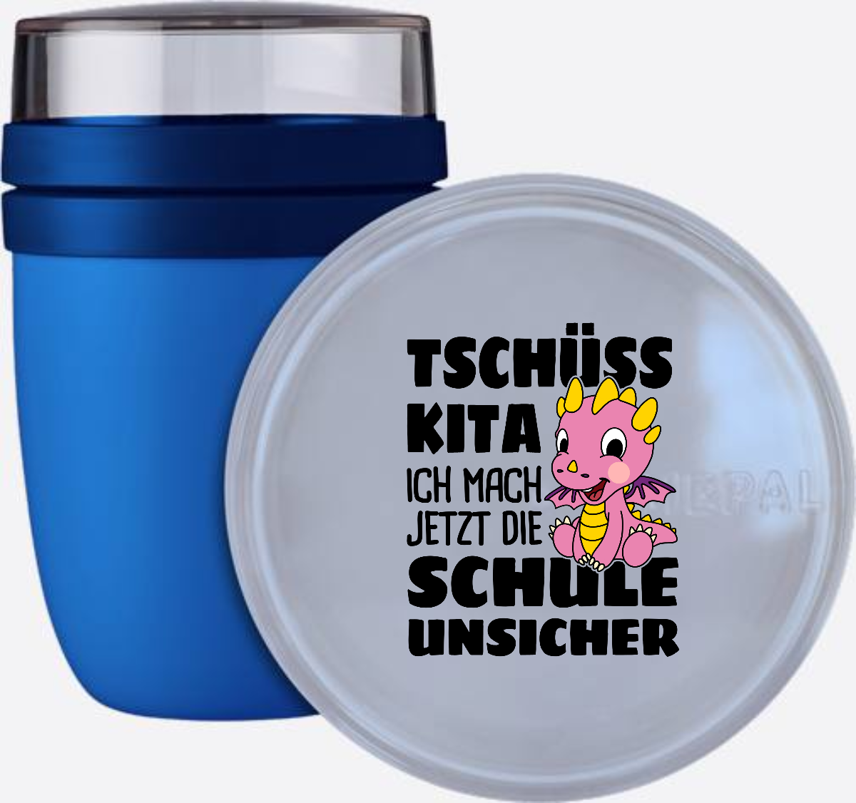 Tasse zur Einschulung: Tschüss Kita! mit rosa Drache & Name - Vivid Blue
