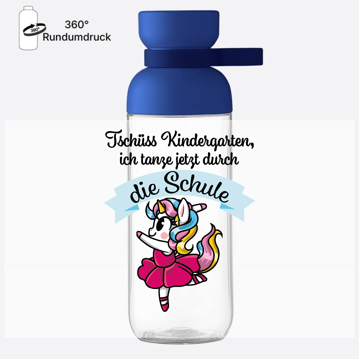 Trinkflasche Einschulung: Einhorn Ballett – Tschüss Kindergarten - Vivid Blue