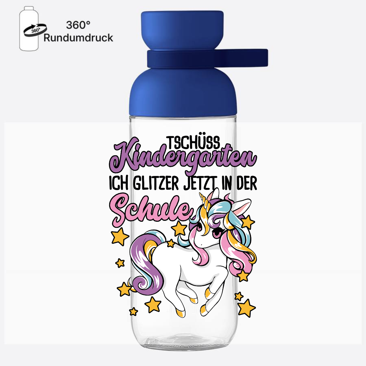 Trinkflasche Einschulung Einhorn – Tschüss Kindergarten mit Name - Vivid Blue