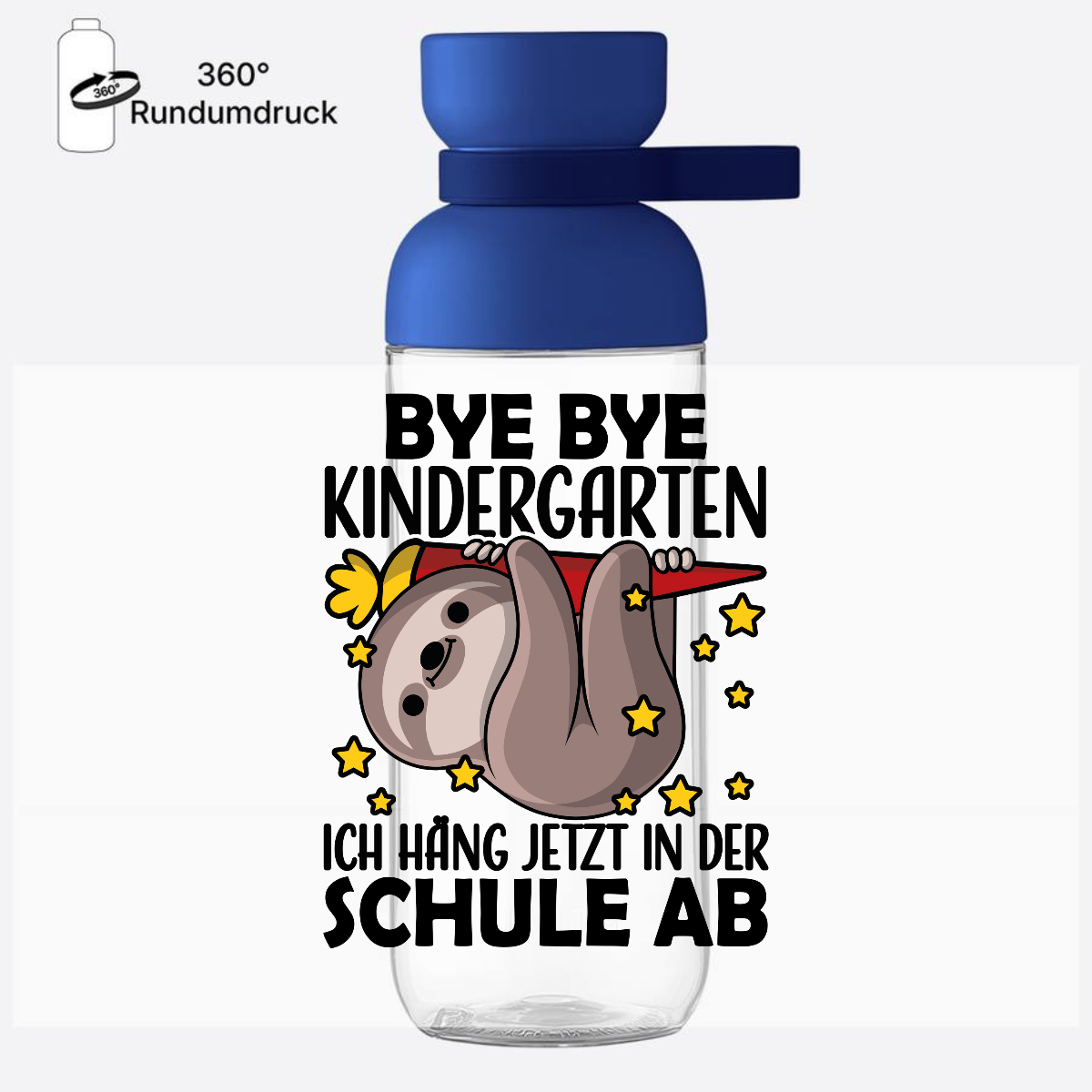 Trinkflasche Einschulung Faultier - Bye Bye Kindergarten - Vivid Blue