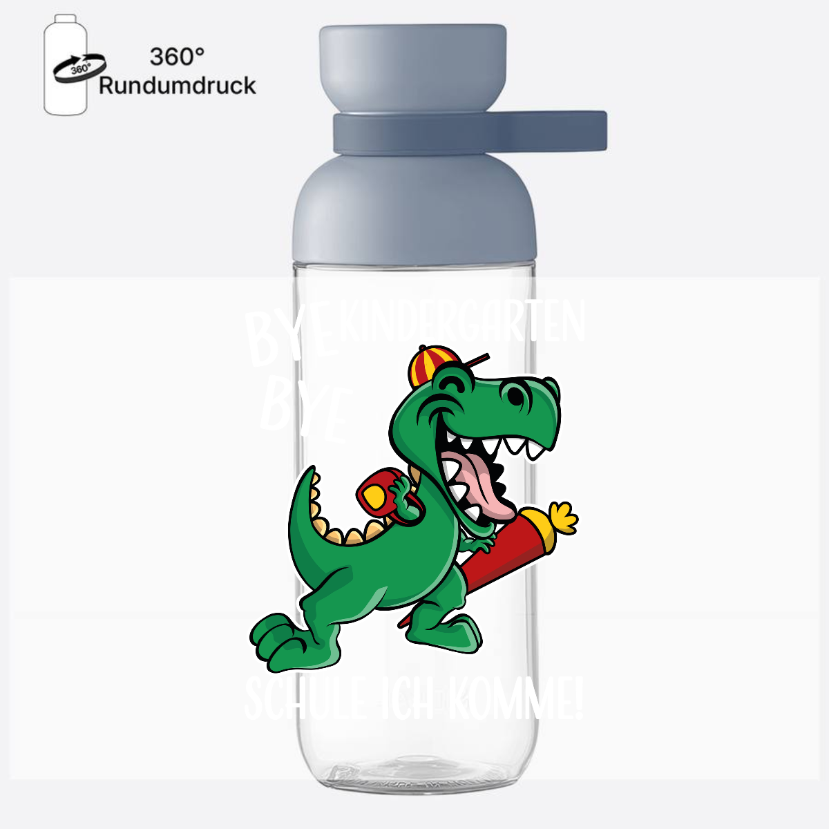 Trinkflasche Einschulung mit Name: Bye Bye Kindergarten Dino - Nordic Blue