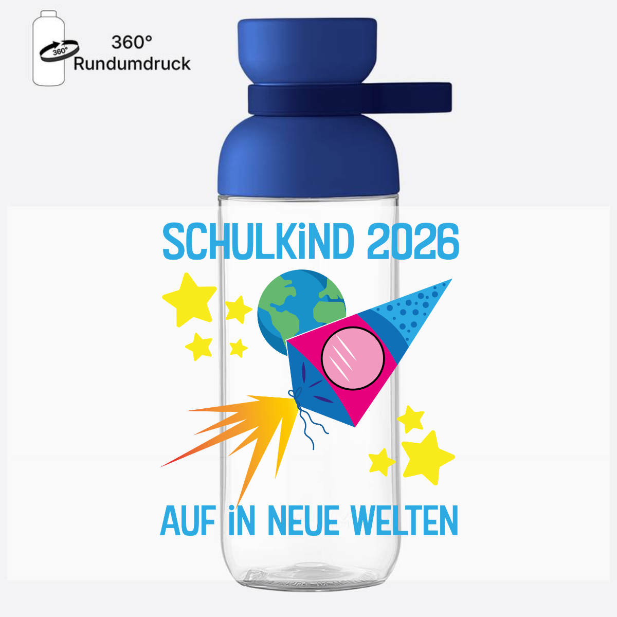 Trinkflasche Schulkind 2026 – Auf in neue Welten mit Name - Vivid Blue