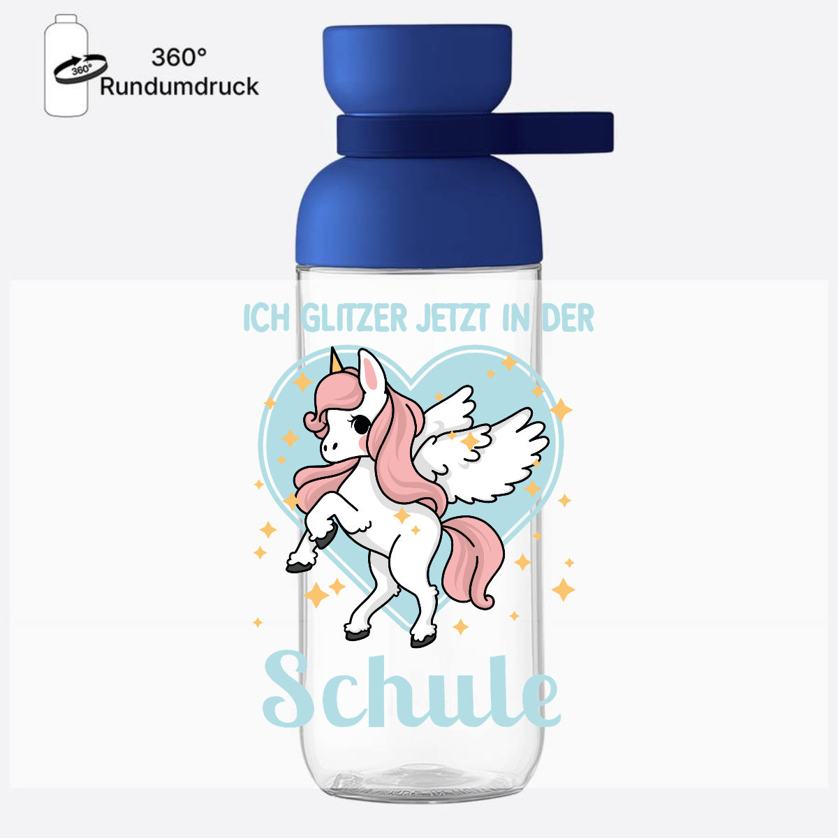 Trinkflasche zur Einschulung: Einhorn Glitzer - mit Namen - Vivid Blue