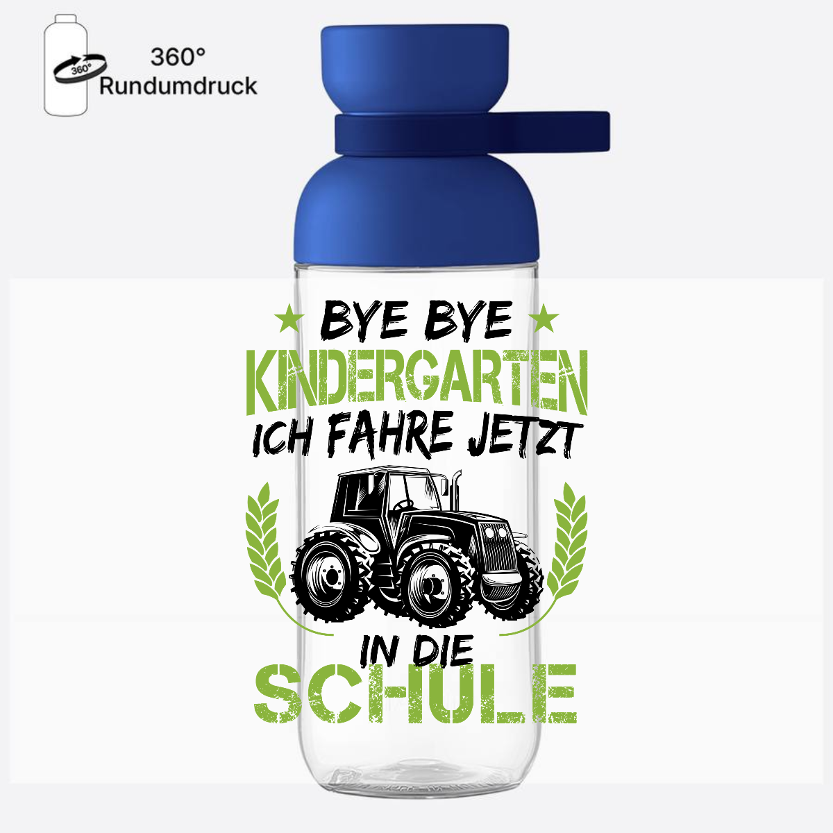Trinkflasche zur Einschulung – Traktor Schwarz-Grün mit Name - Vivid Blue