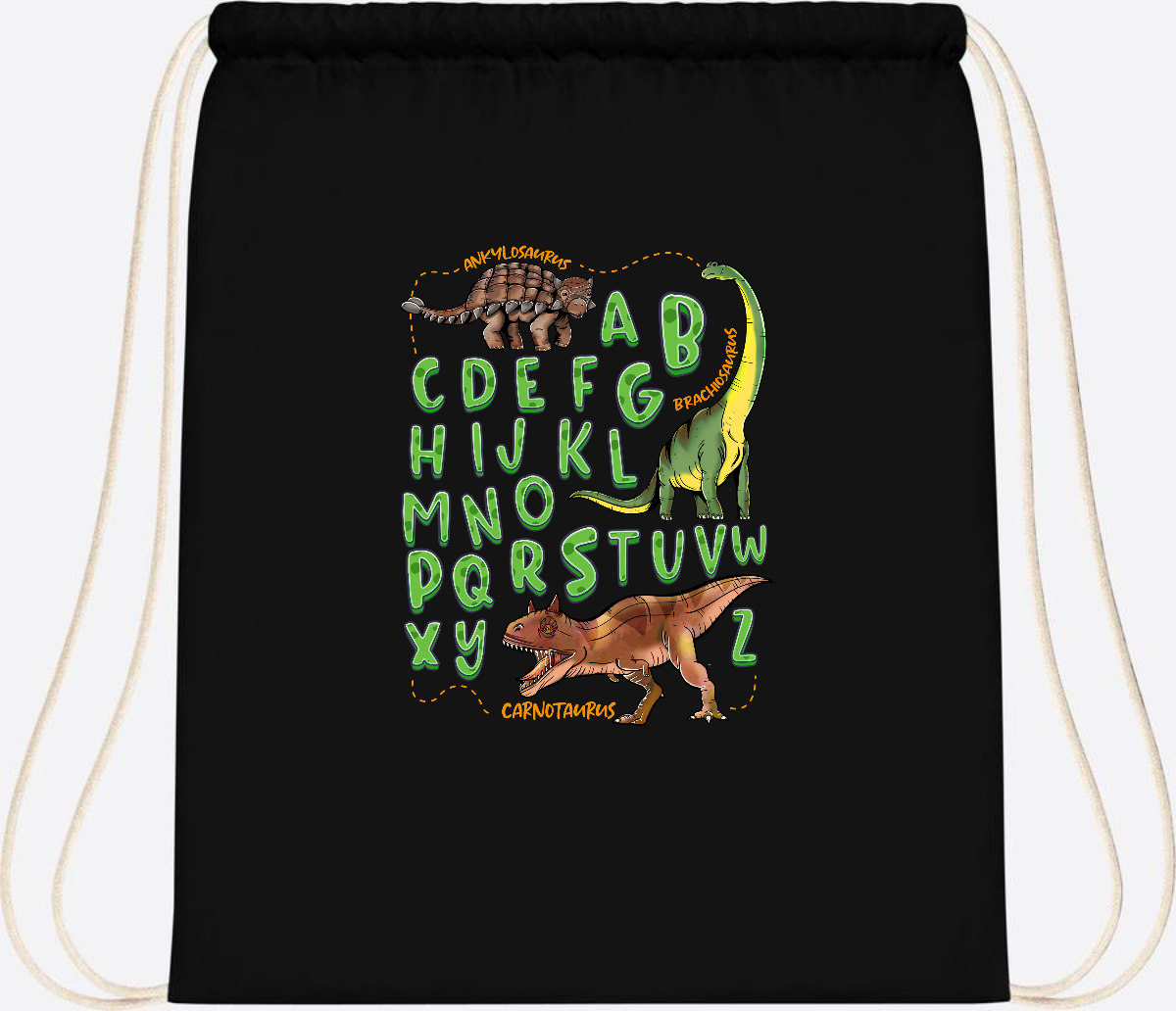 Turnbeutel Dino-Alphabet mit Namen – Geschenk zur Einschulung - Black