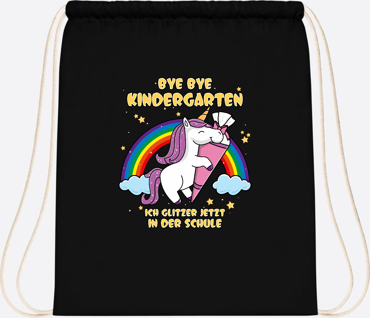 Turnbeutel Einschulung: Bye Bye Kindergarten Einhorn mit Name - Black