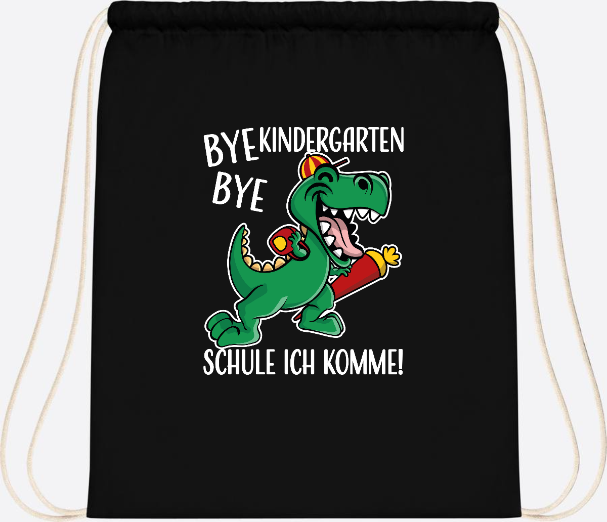 Turnbeutel Einschulung Dino – Bye Bye Kindergarten mit Namen - Black