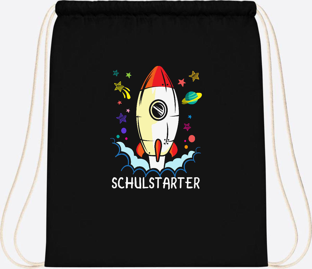 Turnbeutel mit Namen zur Einschulung – Bunte Schulstarter-Rakete - Black