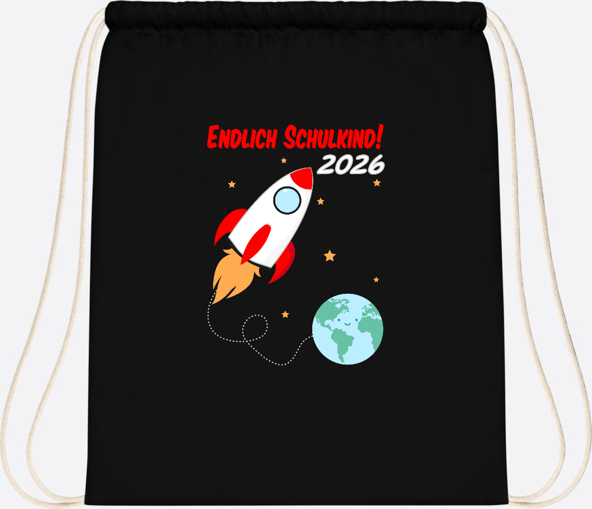 Turnbeutel Rakete 2026: Endlich Schulkind mit Wunschname - Black
