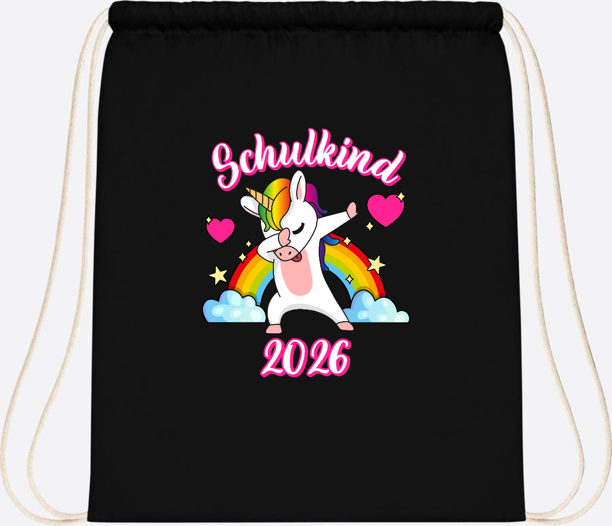 Turnbeutel Schulkind 2025 – Dabbendes Einhorn mit Wunschname - Black