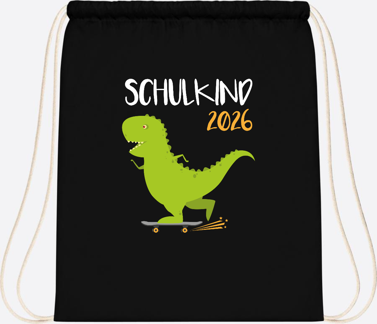 Turnbeutel Schulkind 2025 – Dino Skateboard mit Name - Black