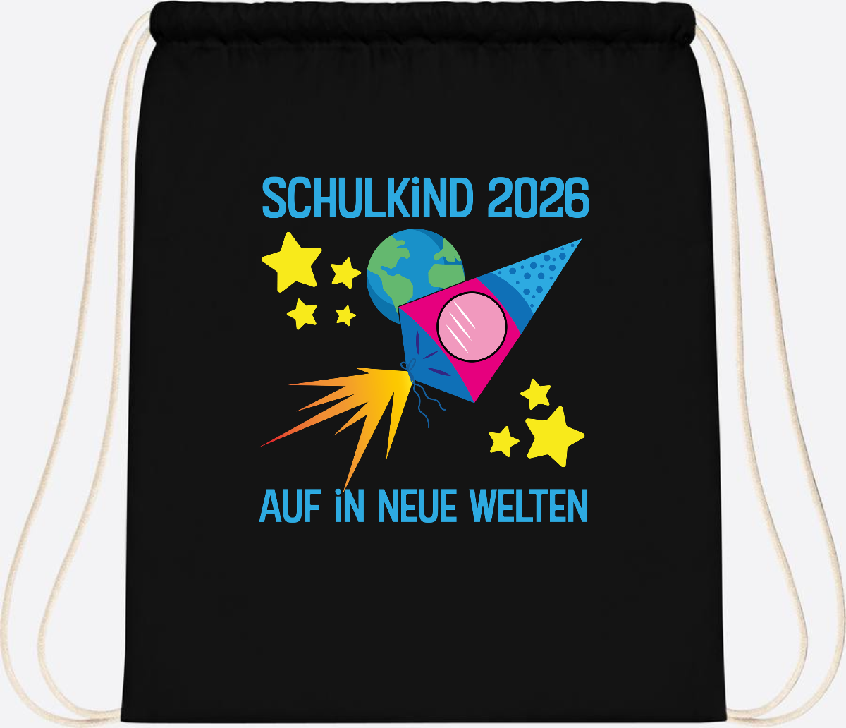 Turnbeutel Schulkind 2026 – Auf in neue Welten mit Namen - Black