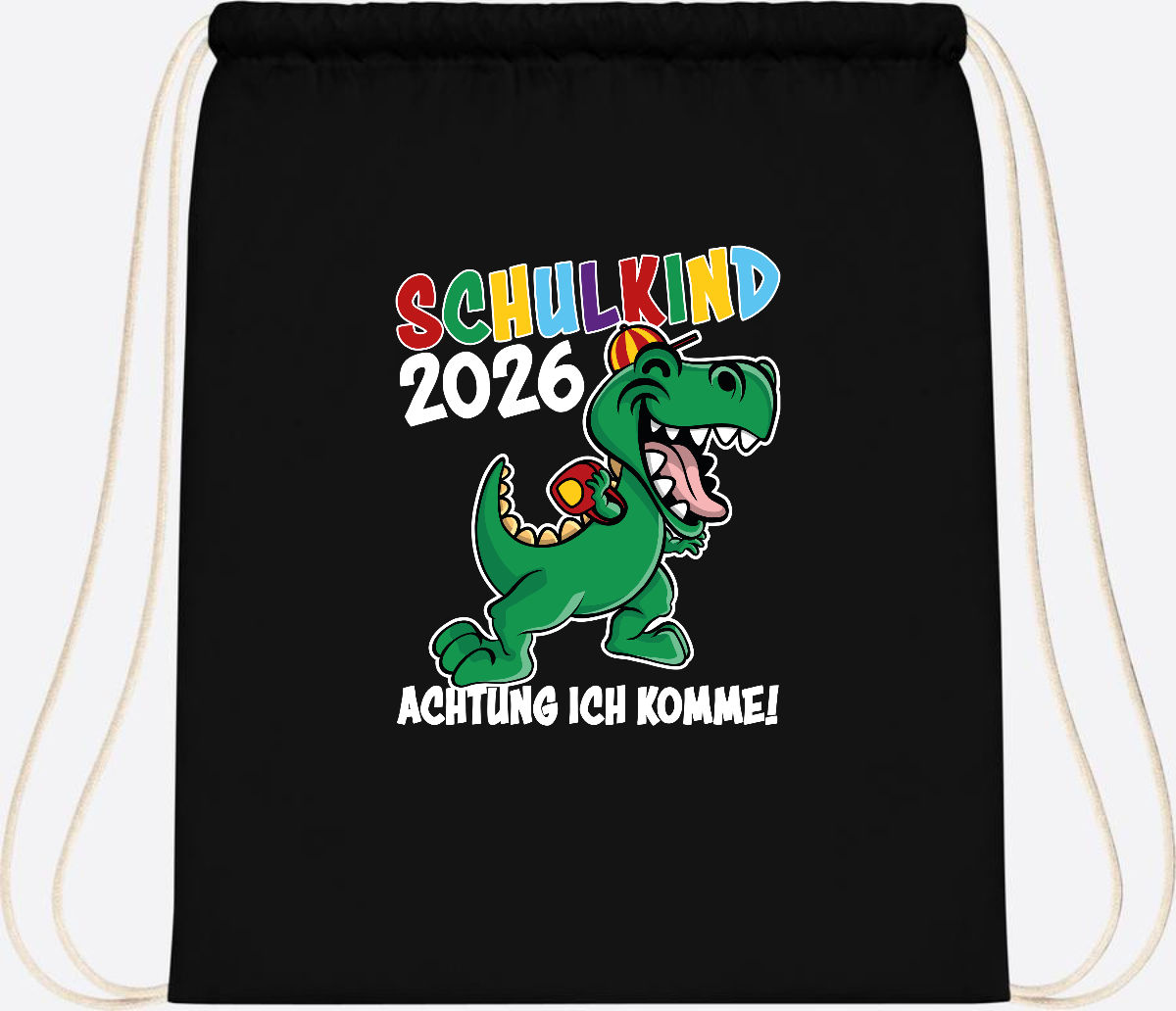 Turnbeutel Schulkind 2026 Dino – Personalisiert mit Name - Black