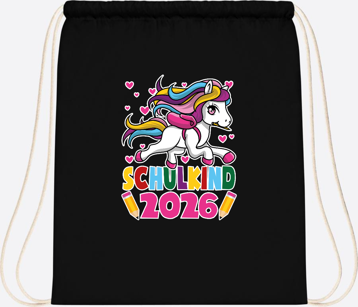 Turnbeutel Schulkind 2026 – Zauberhaftes Einhorn mit Name - Black