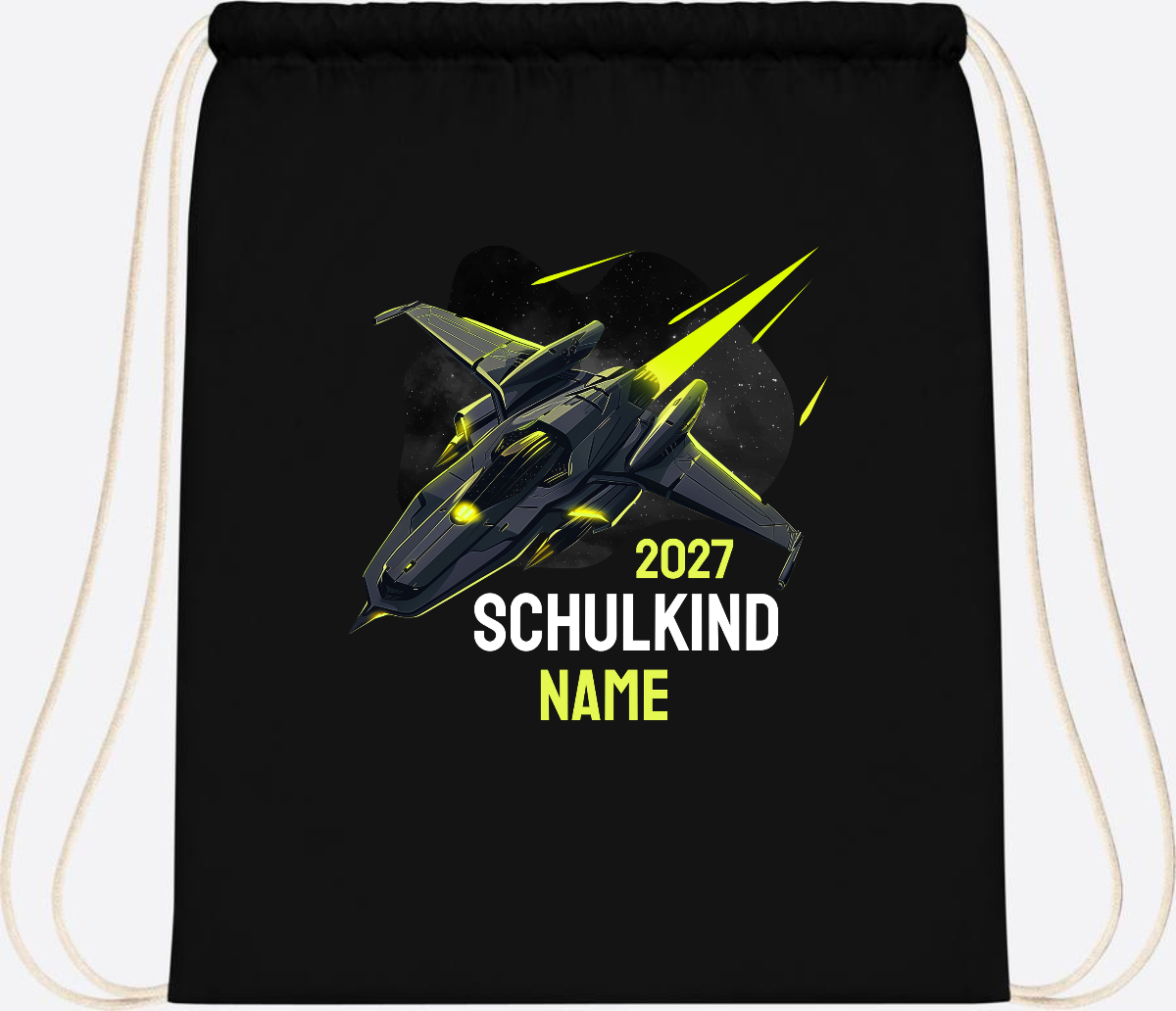 Turnbeutel Schulkind Spaceshuttle mit Name - Black