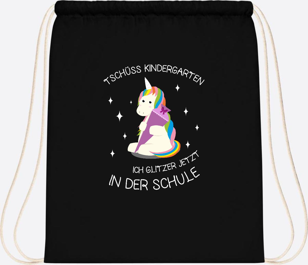 Turnbeutel Tschüss Kindergarten Einhorn – mit Name personalisiert - Black