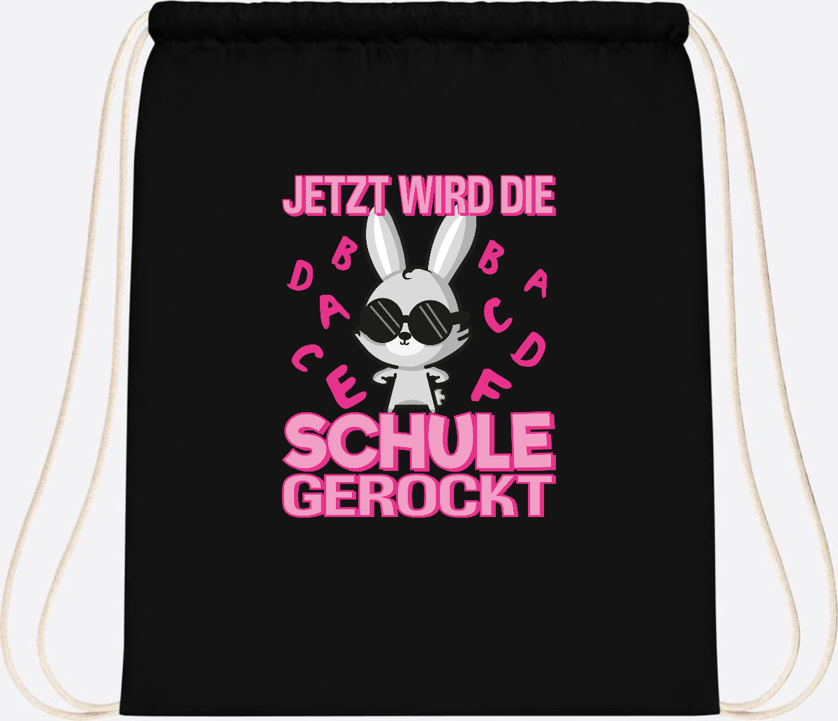 Turnbeutel zur Einschulung: Hase rockt die Schule – mit Name - Black