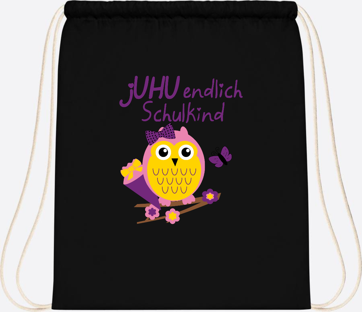 Turnbeutel zur Einschulung – jUHU Schulkind Eule mit Name - Black