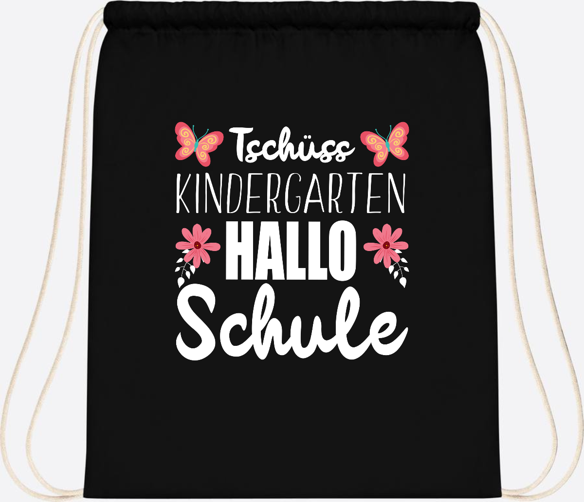 Turnbeutel zur Einschulung – Tschüss Kindergarten, Hallo Schule - Black