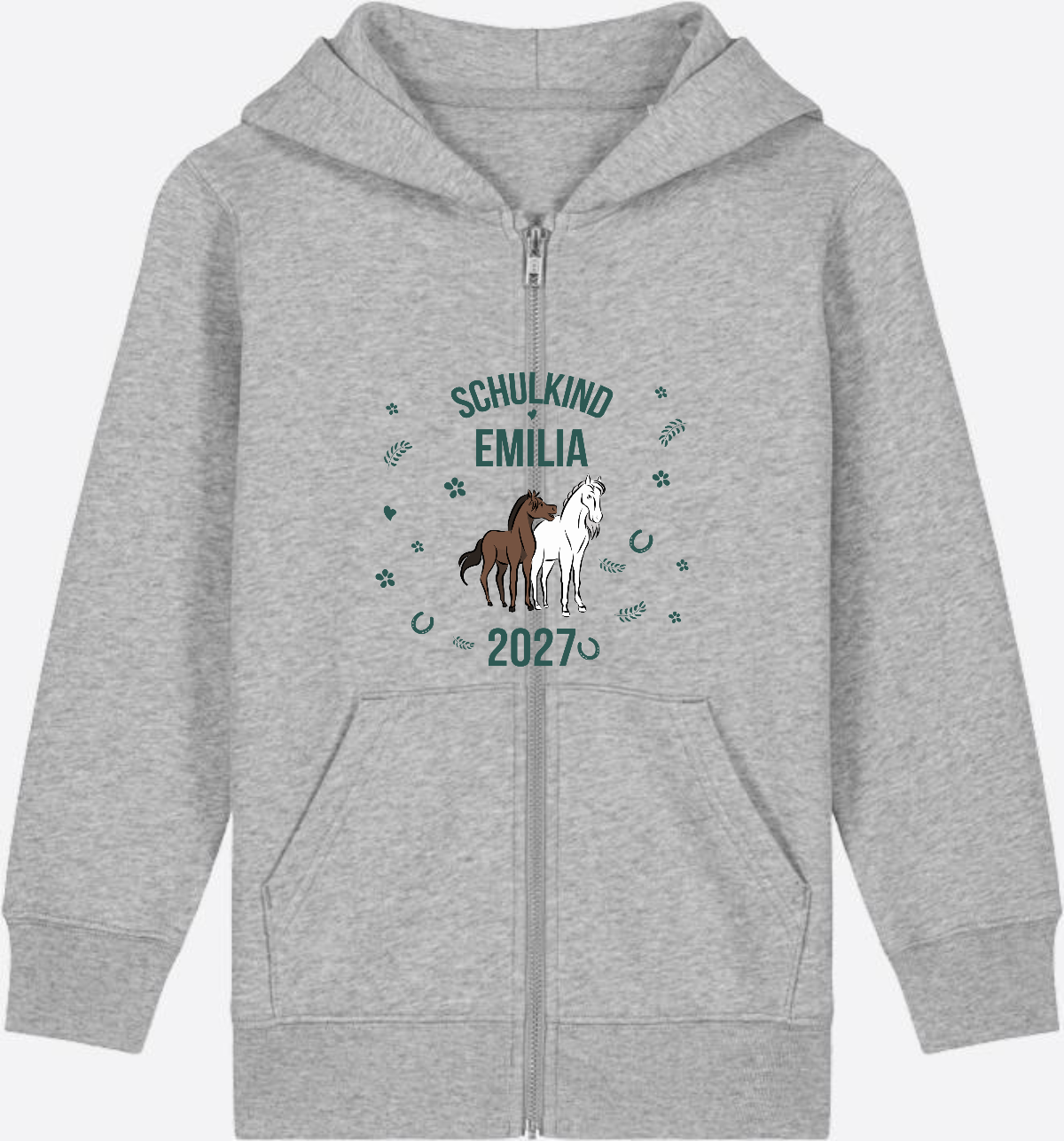 Zip-Hoodie Schulkind mit Pferd – Personalisiert mit Name - Heather Grey Herzseite