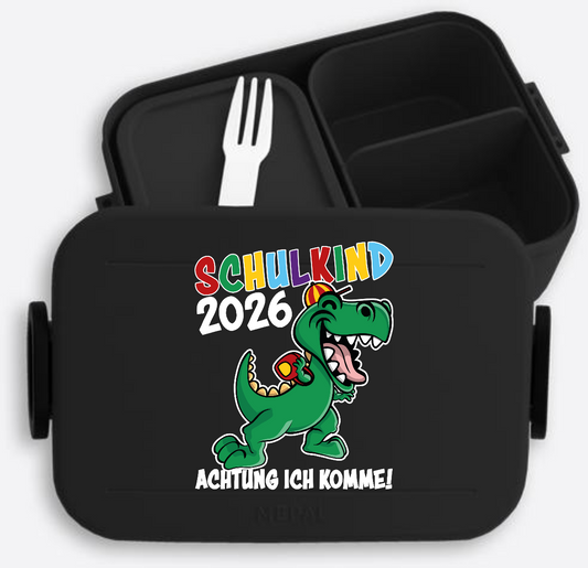 Brotdose Dino Schulkind 2026 – Personalisiert mit Namen - Nordic Black