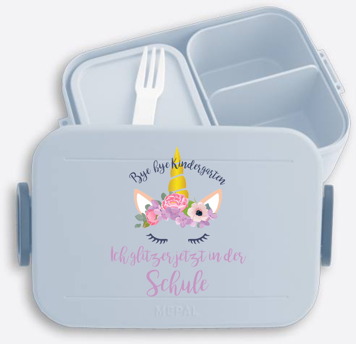 Brotdose Einschulung: Bye Bye Kindergarten ich glitzer - Nordic Blue