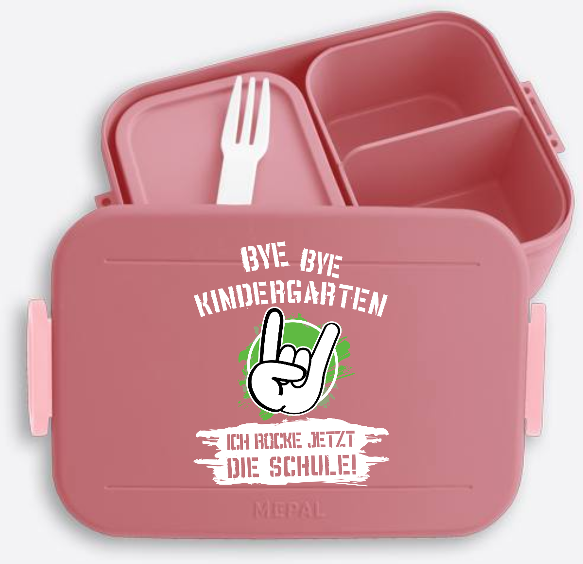 Brotdose Einschulung: Bye Bye Kindergarten – Ich rocke die Schule - Vivid Mauve