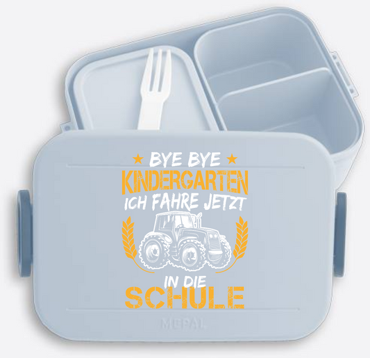 Brotdose Einschulung: Bye Bye Kindergarten Traktor Weiß-Orange - Nordic Blue