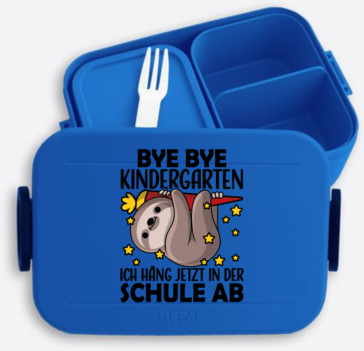 Brotdose Einschulung mit Faultier: Bye Bye Kindergarten - Vivid Blue