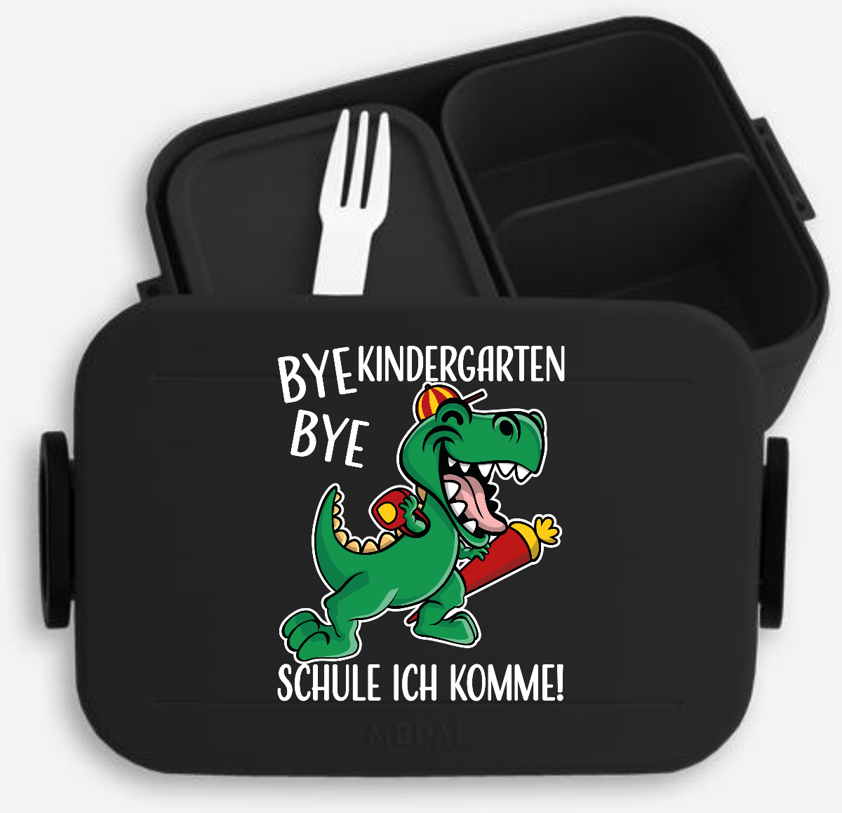 Brotdose Einschulung mit Name – Bye Bye Kindergarten Dino - Nordic Black