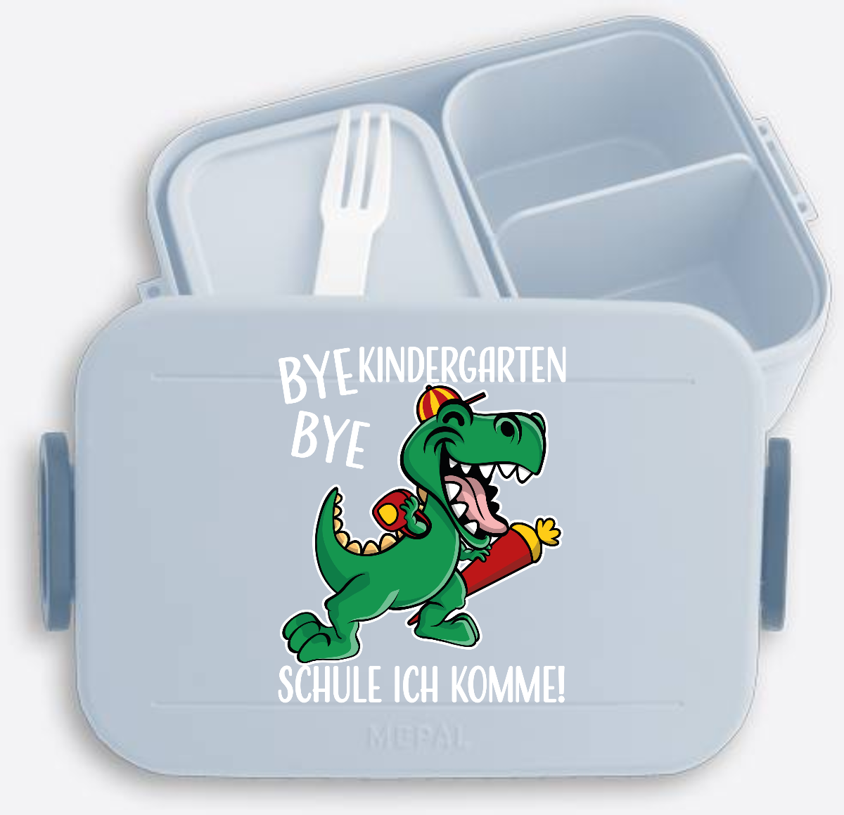 Brotdose Einschulung mit Name – Bye Bye Kindergarten Dino - Nordic Blue