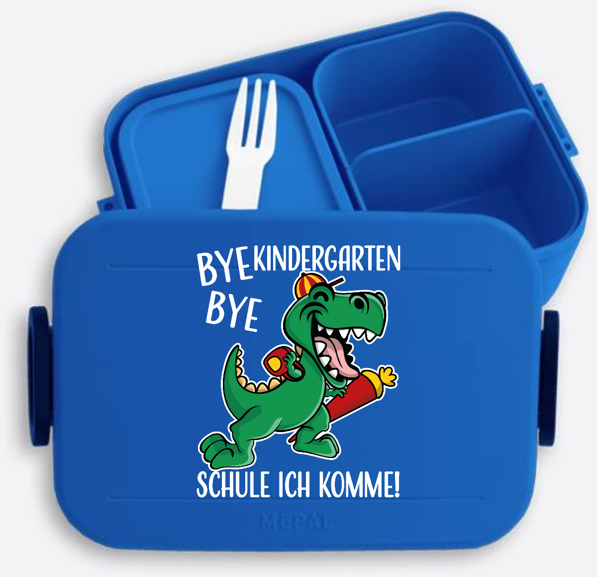 Brotdose Einschulung mit Name – Bye Bye Kindergarten Dino - Vivid Blue