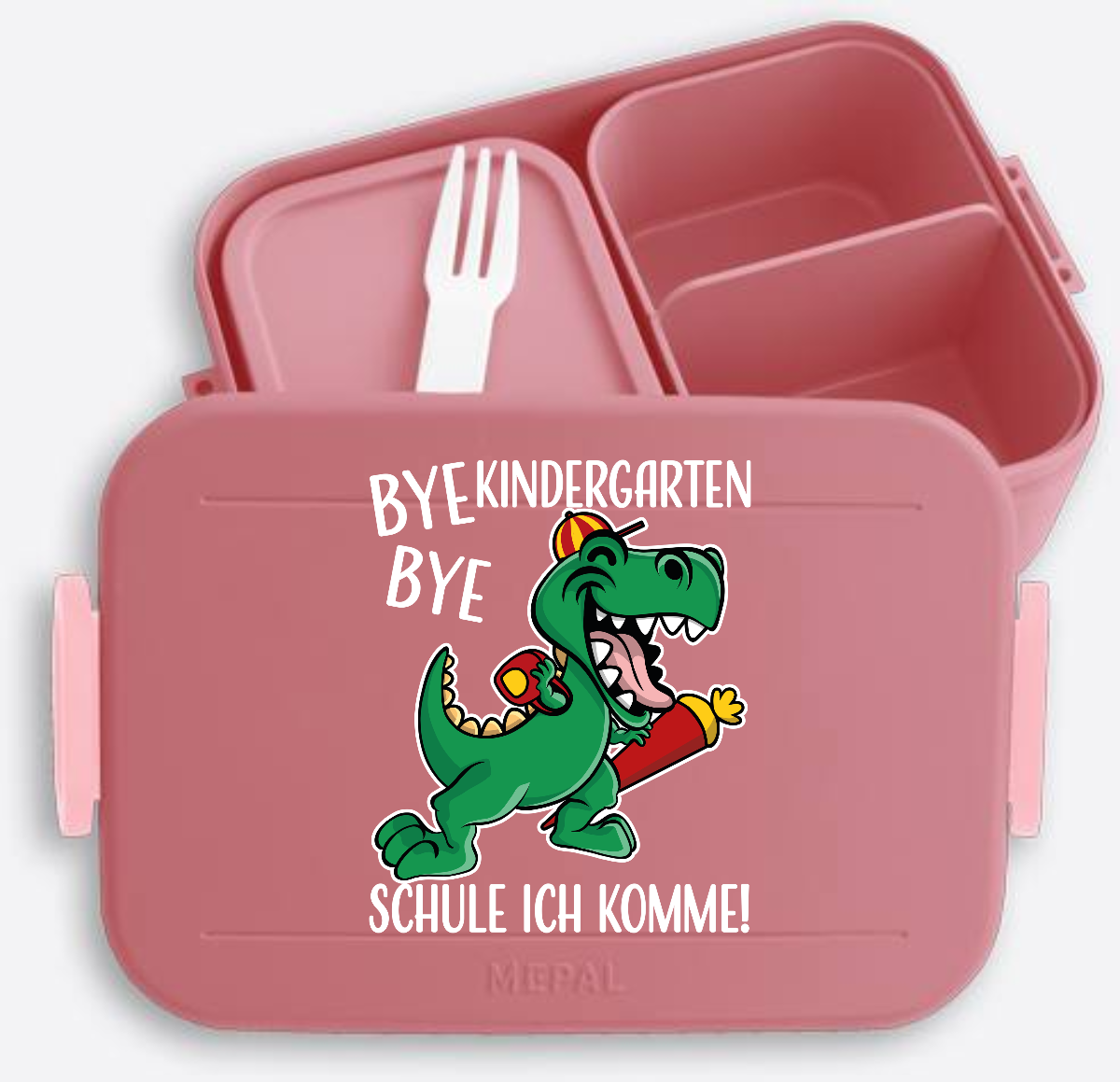 Brotdose Einschulung mit Name – Bye Bye Kindergarten Dino - Vivid Mauve