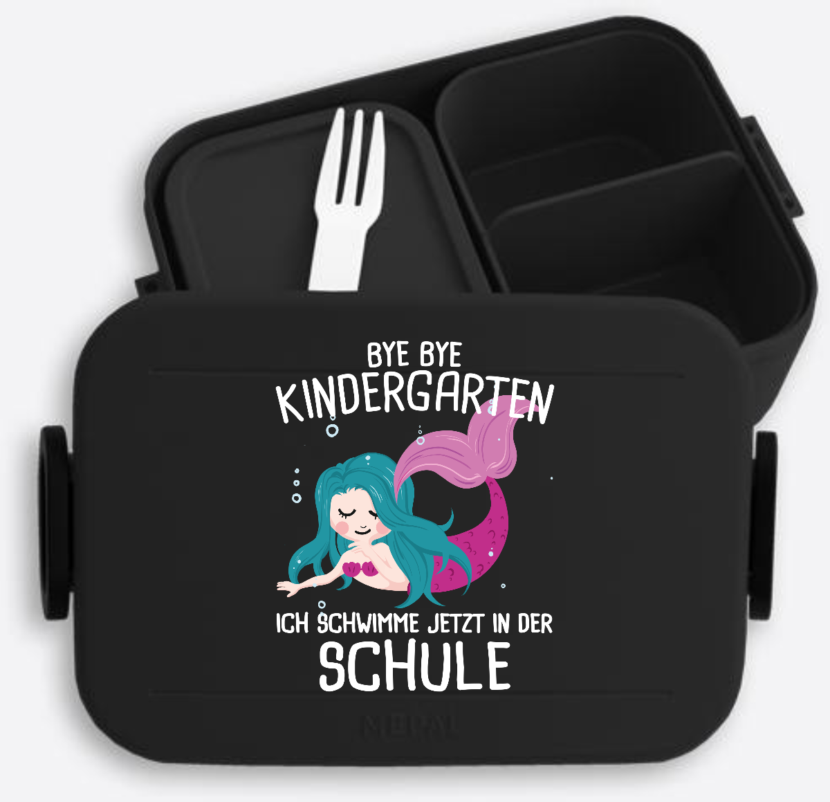 Brotdose Einschulung mit Name: Bye Bye Kindergarten ich schwimme - Nordic Black