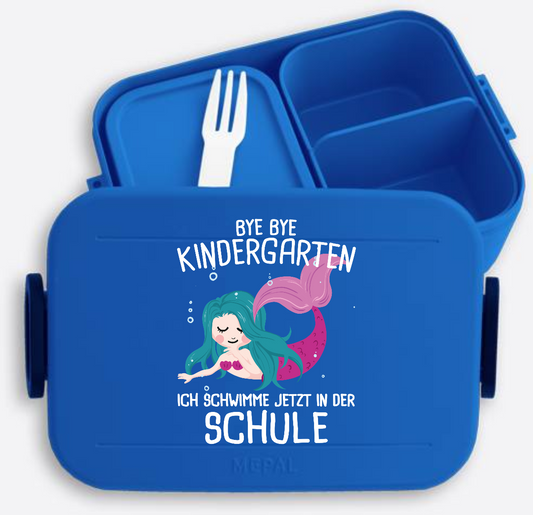 Brotdose Einschulung mit Name: Bye Bye Kindergarten ich schwimme - Vivid Blue
